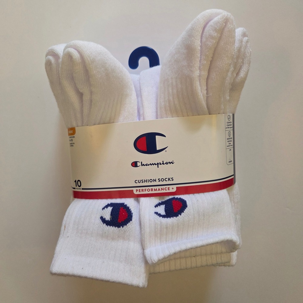 Champion Kids Performance+ Cushion Crew Socks White 10 Pair Pack Shoe Size 4-10